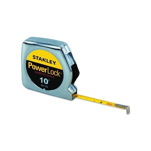 Stanley PowerLock 10 ft pocket tape measure, chrome case, 1/4 in blade, diameter scale, model 33-115