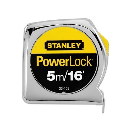 Stanley PowerLock 33-158 tape measure 3/4 in wide blade 5 m/16 ft chrome case yellow label tape rule