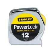 Stanley PowerLock 33-272 tape measure 12 ft chrome case yellow label inch decimal single-sided blade