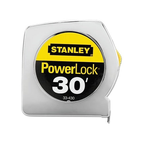 Stanley PowerLock tape measure 30 ft, chrome metal case with yellow and black logo, 1 in wide blade, tape rule