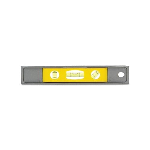 Stanley torpedo magnetic level, 9 in, cast aluminum frame with 3 vials, yellow center, horizontal spirit level