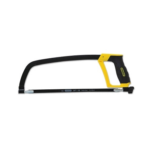 Stanley rubber grip hacksaw 12 in, yellow and black bi-material handle, carbon steel flexible blade, hand tool hacksaw