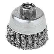 Single Row Heavy-Duty Knot Wire Cup Brush, 2-3/4 dia, 5/8 to 11 UNC, 0.02 Stainless