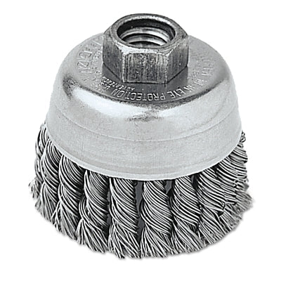 Single Row Heavy-Duty Knot Wire Cup Brush, 2-3/4 dia, 5/8 to 11 UNC, 0.02 Stainless