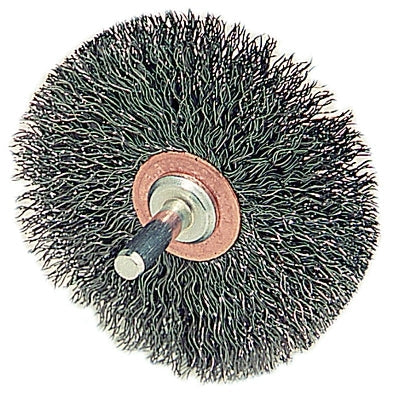 Stem-Mounted Narrow Conflex Brush, 3 in dia x 1/2 in W Face, 0.0118 in Steel, 20000 RPM, 1/4 in Stem