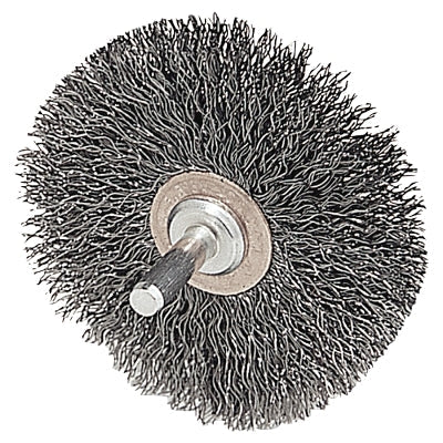 Stem-Mounted Narrow Conflex Brush, 3 in dia x 1/2 in W Face, 0.014 in Steel, 20000 RPM, 1/4 in Stem