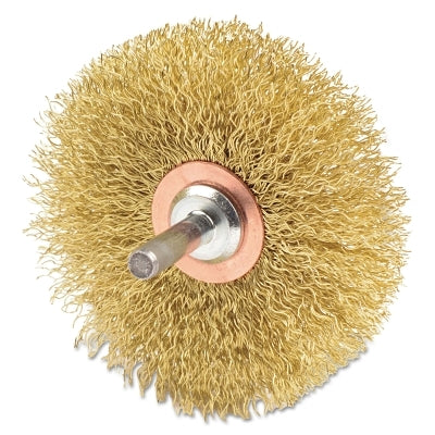 Stem-Mounted Narrow Conflex Brush, 3 in dia x 1/2 in W Face, 0.0118 in Brass Wire, 20000 RPM, 1/4 in Stem