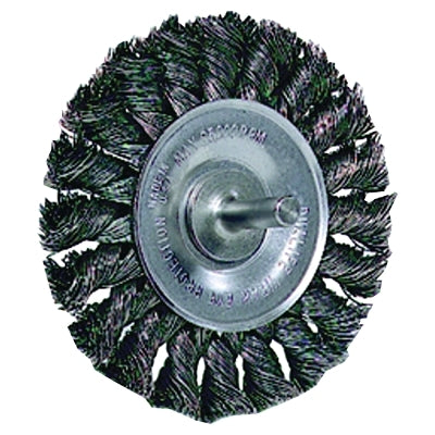 Standard Twist Knot Wire Wheel, 3-1/4 in dia x 3/8 in W Face, 0.020 in Steel Wire, 25000 RPM, 1/4 in Stem