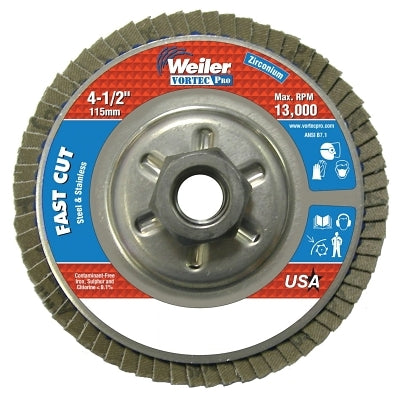 Vortec Pro Abrasive Flap Discs,4.5", 36 Grit, 5/8 Arbor, 13,000 rpm, Alum Back