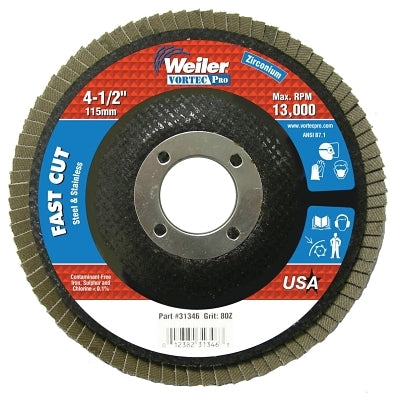 Vortec Pro Abrasive Flap Disc, 4-1/2 in dia, 80 Grit, 7/8 Arbor, 13000 rpm, Type 29