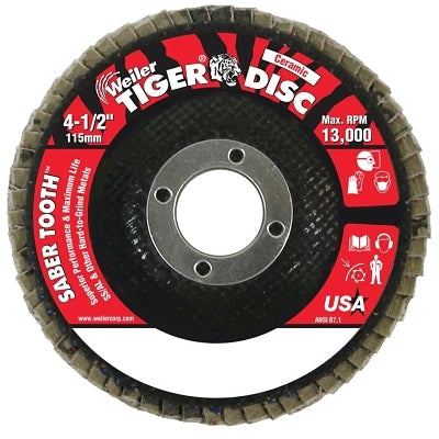 Saber Tooth Ceramic Flap Discs, 4 1/2 in, 40 Grit, 7/8 in Arbor, 13,000 rpm