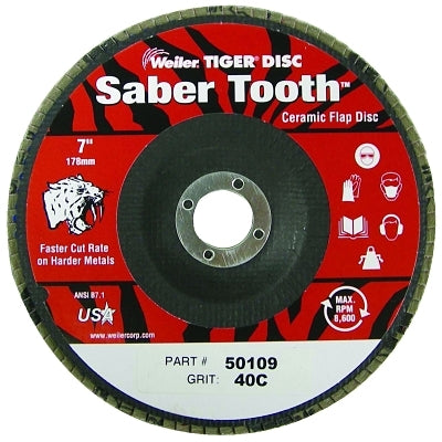 Saber Tooth Ceramic Flap Discs, 7 in, 40 Grit, 7/8 Arbor, 12,000 rpm