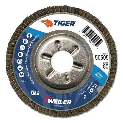 Tiger Disc Angled Style Flap Discs, 4", 80 Grit, 5/8 Arbor, Aluminum Back