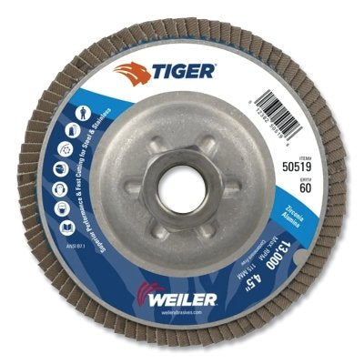 Tiger Disc Angled Style Flap Disc, 4-1/2 in dia, 60 Grit, 5/8 in-11, 13000 rpm, Type 29