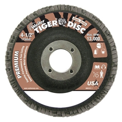 Tiger Disc Flat Style Flap Discs,4.5",40 Grit,7/8 Arbor,Phenolic Back,Alum Oxide