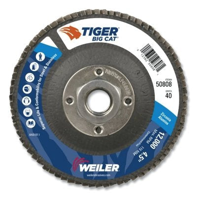 Tiger Big Cat High Density Flap Disc, 4-1/2 in dia, 40 Grit, 5/8 in-11, 12000 RPM, Type 27