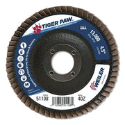 Tiger Paw Coated Abrasive Flap Discs, 4-1/2 in dia, 40 Grit, 7/8 Arbor, 13000 rpm, Type 27