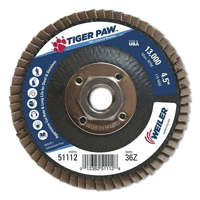 Tiger Paw Coated Abrasive Flap Discs, 4 1/2", 36 Grit, 5/8 Arbor, Phenolic Back
