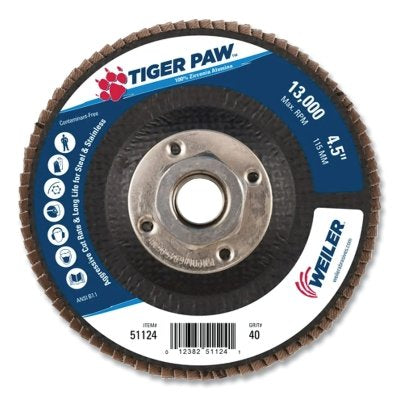 Tiger Paw TY29 Coated Abrasive Flap Disc, 4 -1/2 in dia, 40 Grit, 5/8 in-11, 13000 rpm