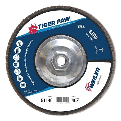 Tiger Paw TY29 Coated Abrasive Flap Discs, 7", 40 Grit, 5/8 Arbor, 8,600 RPM