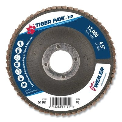 Tiger Paw Super High Density Flap Disc, 4-1/2 in dia, 40 Grit, 7/8 in Arbor, 12000 RPM, Type 27 Flat