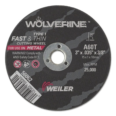 Wolverine Cut-Off Wheel, Type 1, AO, 3 in dia x 3/8 in Arbor x 1/16 in Thick, 36T, 25 EA/BX