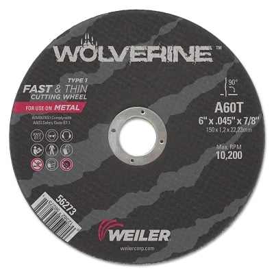 Wolverine Cut-Off Wheel, Type 1, AO, 6 in dia x 1/4 in Arbor x 1/8 in Thick, 36T, 50 EA/BX
