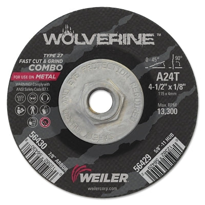 Wolverine Combo Wheel, 4-1/2 in dia, 1/8 Thick, 5/8 in - 11 UNC Arbor, 24 Grit