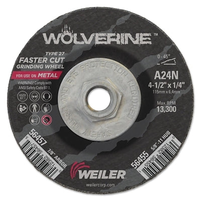 Wolverine Grinding Wheel, 4-1/2 in dia x 5/8 in-11 UNC Arbor x 1/4 in Thick, AO, 24N