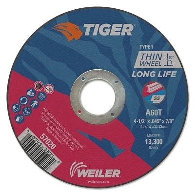 Tiger AO Cutting Wheel, 4-1/2 in dia x 0.045 in Thick, 7/8 in Arbor, A60T, Type 1