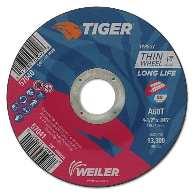 Tiger AO Cutting Wheel, 4-1/2 in dia x 0.045 in Thick, 7/8 in Arbor, A60T, Type 27