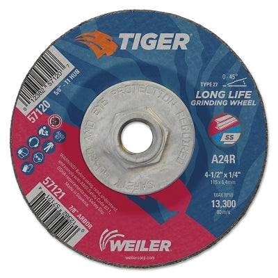 Tiger AO Grinding Wheel, 4-1/2 in dia x 1/4 in Thick, 5/8 in-11 UNC Arbor, A24R, Type 27
