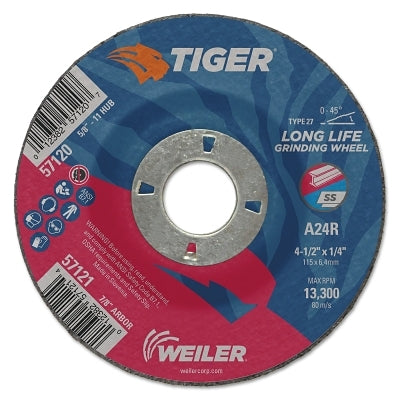 Tiger AO Grinding Wheel, 4-1/2 in dia x 1/4 in Thick, 7/8 in Arbor, A24R, Type 27