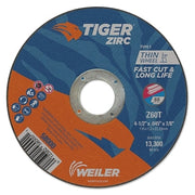 Tiger Zirc Cutting Wheel, 4-1/2 in dia, 0.045 in Thick, 7/8 in Arbor, Zirconia Alumina, Type 1, Z60T