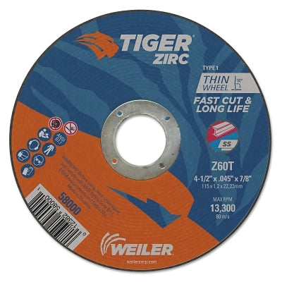 Tiger Zirc Cutting Wheel, 4-1/2 in dia, 0.045 in Thick, 7/8 in Arbor, Zirconia Alumina, Type 1, Z60T