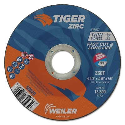 Tiger Zirc Cutting Wheel, 4-1/2 in dia, 0.045 in Thick, 7/8 in Arbor, Zirconia Alumina, Type 27, Z60T