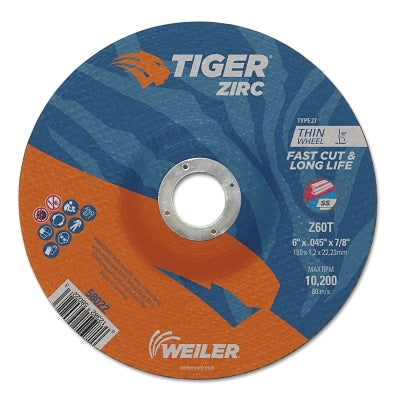 Tiger Zirc Cutting Wheel, 6 in dia, 0.045 in Thick, 7/8 in Arbor, Zirconia Alumina, Type 27, Z60T