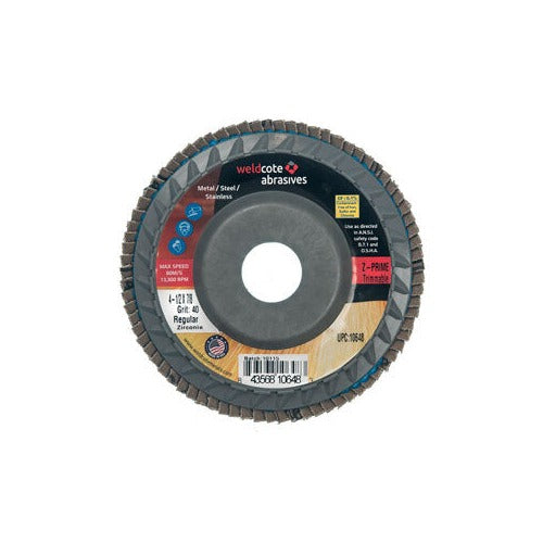 Weldcote zirconia trimmable flap disc 4 1/2in x 7/8in arbor Z-Prime, 40 grit shown, abrasive disc