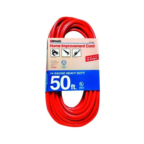 Woods Wire 626 outdoor vinyl extension cord 50 ft 14 gauge 15 A orange round cord single outlet extension cord