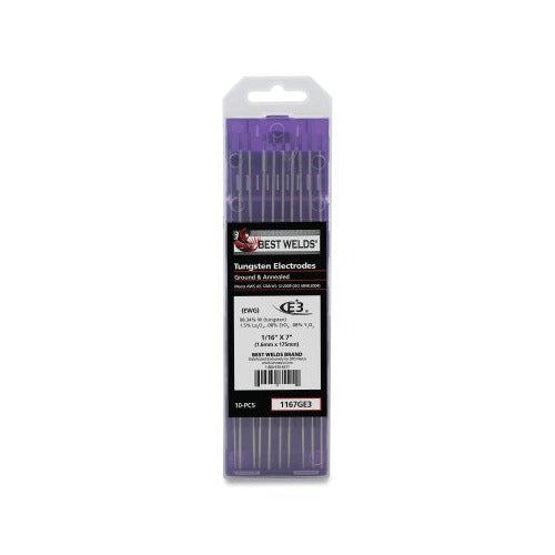 Best Welds E3 tungsten electrode 1/16 in x 7 in, 10-pack purple-tipped rods in plastic case, part 1167GE3