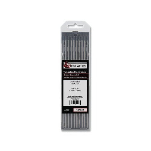 Best Welds 2% ceriated tungsten electrode 1/8 in x 7 in, 10-pack in plastic case, gray rods ground and annealed