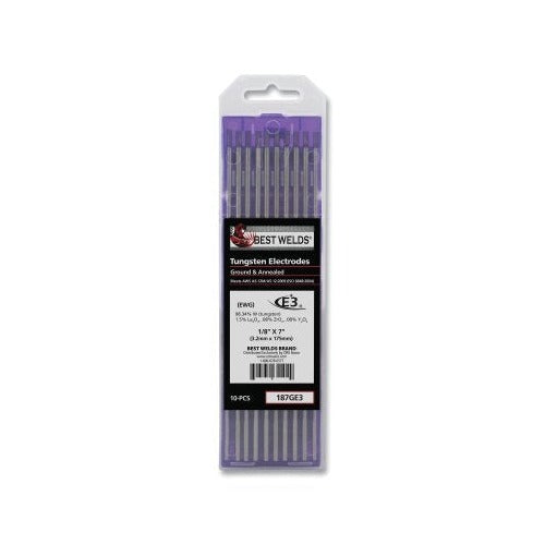 Best Welds E3 tungsten electrode 1/8 in x 7 in, 10-pack purple-tipped rods in labeled plastic case, ground and annealed