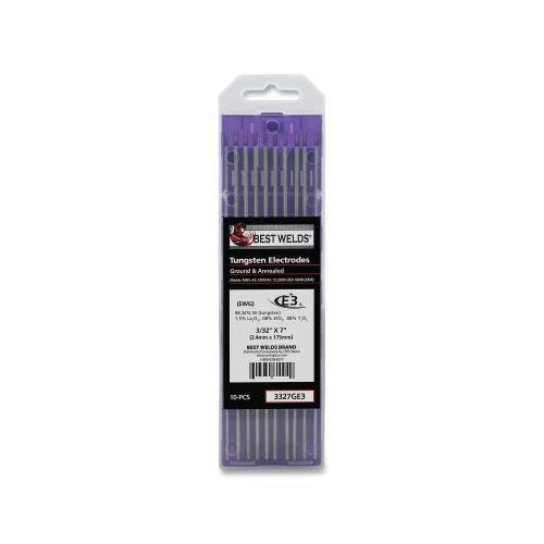 Best Welds E3 tungsten electrode 3/32 in x 7 in, purple-tipped 10-pack in plastic case TIG electrode