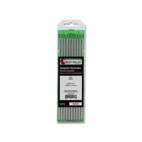 Best Welds pure ground tungsten electrode 5/32 in x 7 in, green-tipped 10-pack in plastic case TIG electrode