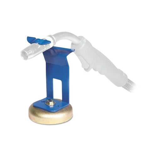 Best Welds MIG torch stand magnetic base 5.5 in blue steel bracket holding MIG gun with gold magnet base
