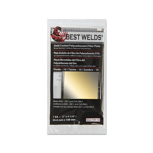 Best Welds gold coated polycarbonate filter plate shade 10 gold tint 2 x 4-1/4 in 50.8x108mm welding lens