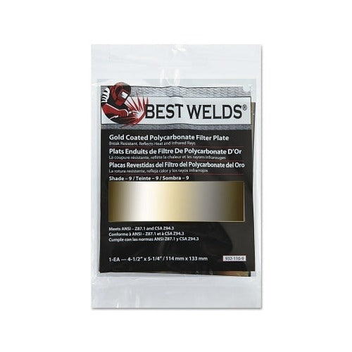Best Welds gold coated polycarbonate filter plate shade 9 gold tint 4-1/2 x 5-1/4 in 114x133mm welding lens