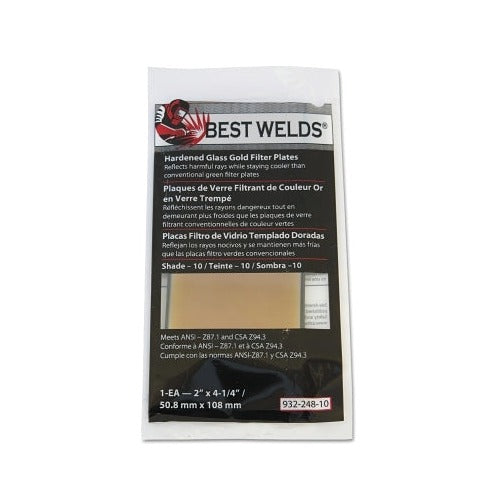 Best Welds hardened glass gold filter plate shade 10, 2 x 4-1/4 in, 50.8x108 mm, ANSI Z87.1 CSA Z94.3 welding lens