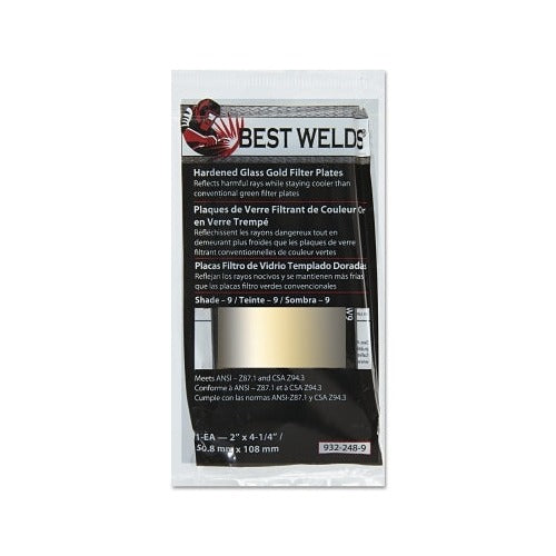 Best Welds hardened glass gold filter plate shade 9, 2 x 4-1/4 in, 50.8x108 mm, ANSI Z87.1 CSA Z94.3 welding lens