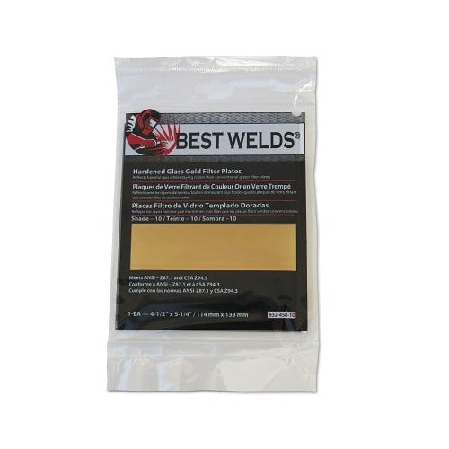 Best Welds hardened glass gold filter plate shade 10, 4-1/2 x 5-1/4 in, 114x133 mm, ANSI Z87.1 welding filter lens